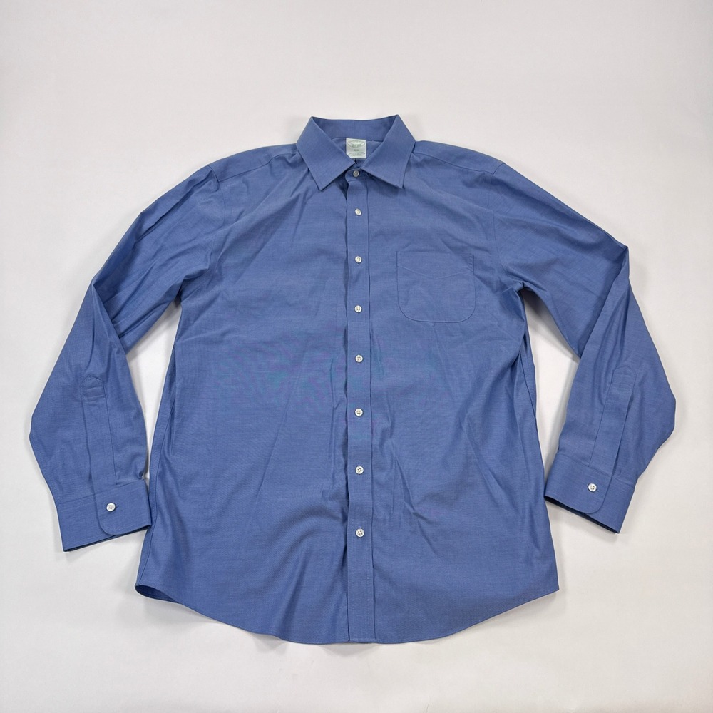 Brooks Brothers‎ Button Down Shirt Mens 16 34 Slim Blue Non Iron Stretch Supima
